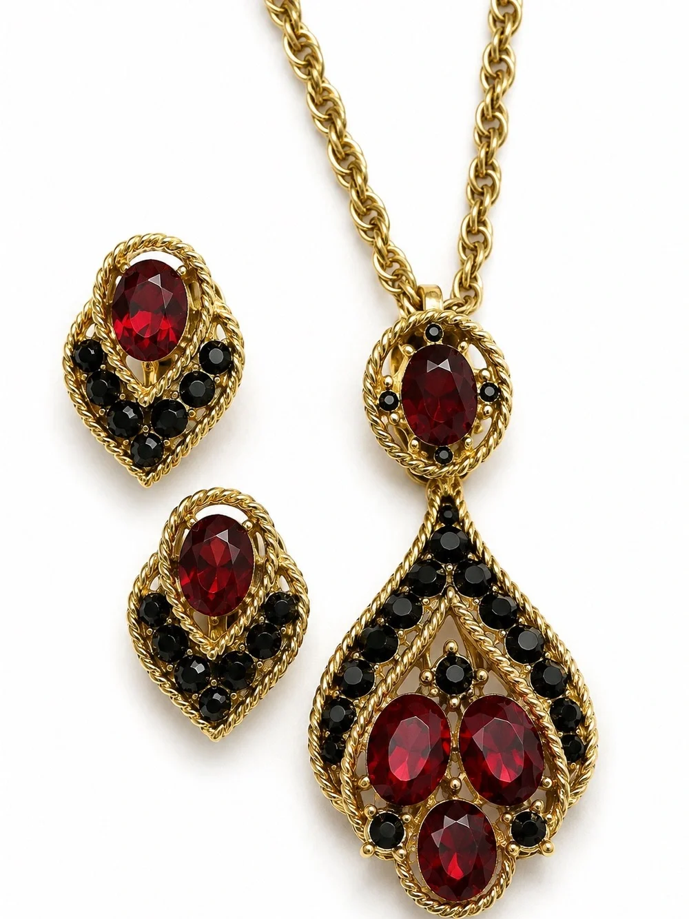 Vintage Trifari Red Black Rhinestone Necklace & Clip Earrings Signed Set